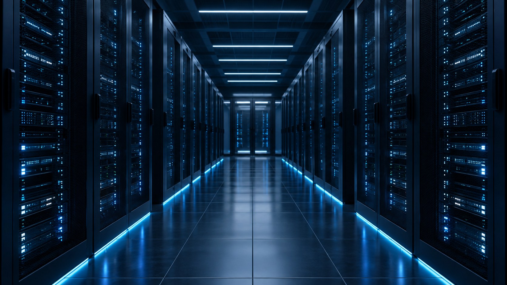 Symbolbild eines modernen Serverraums mit blauem Licht